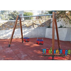 Ξύλινη κούνια παιδικής χαράς νηπίων 2 θέσεων με στρογγυλό μεταλλικό οριζόντιο