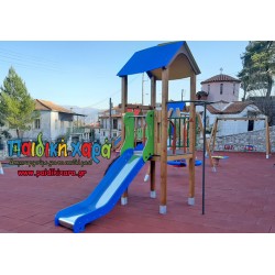 Ξύλινη τσουλήθρα με σκεπή, μπαλκόνι και αναρριχήσεις